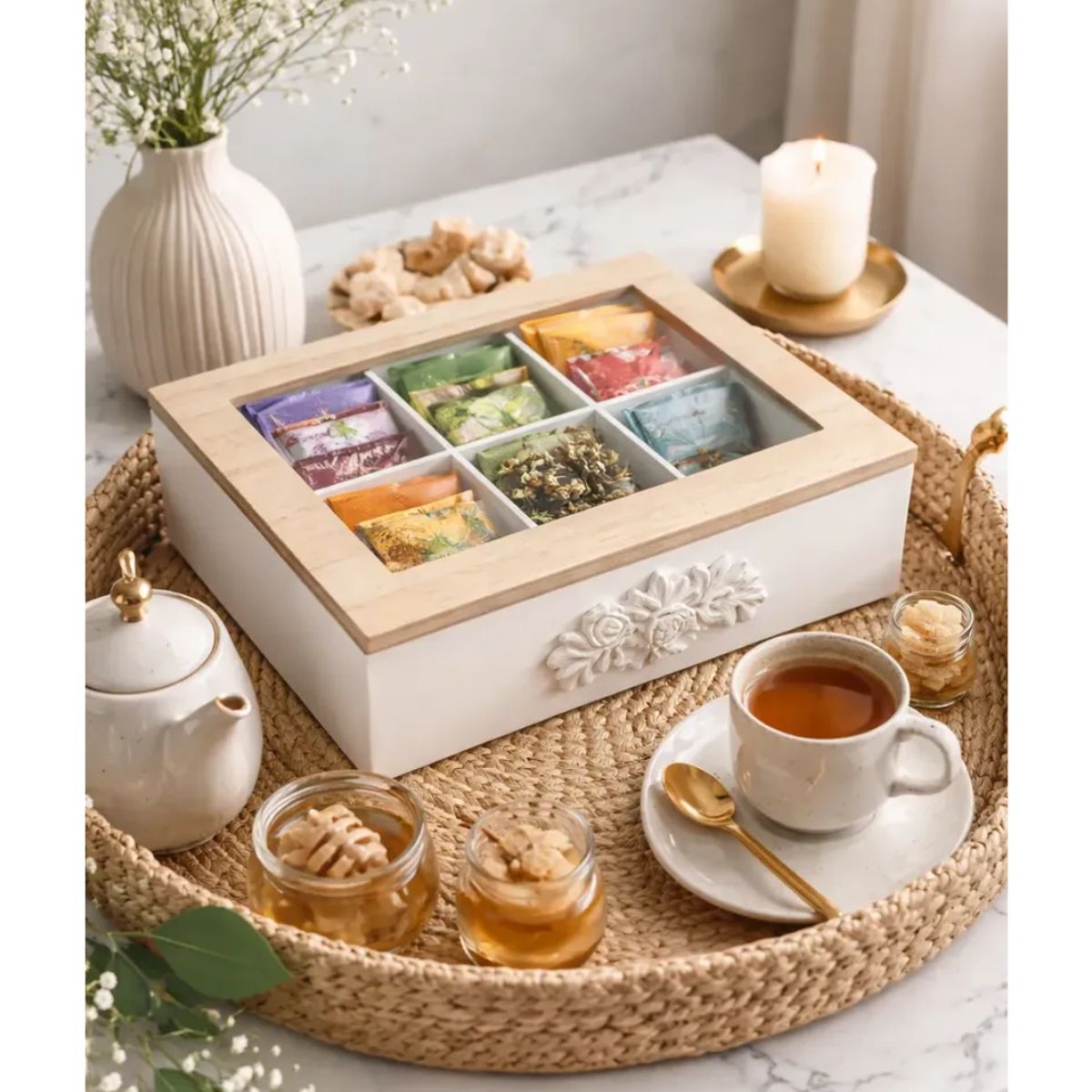 GENERICO - Caja Organizadora De Té 6 Compartimentos Con Tapa Vidrio