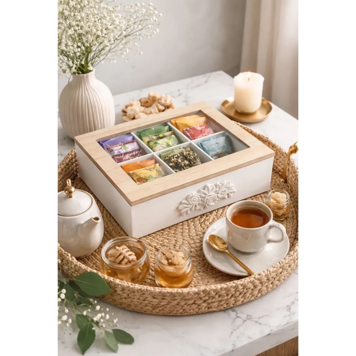 GENERICO - Caja Organizadora De Té 6 Compartimentos Con Tapa Vidrio