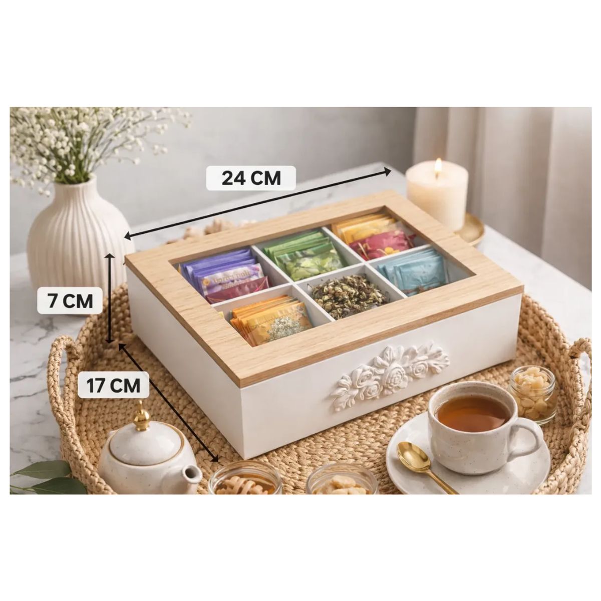 GENERICO - Caja Organizadora De Té 6 Compartimentos Con Tapa Vidrio