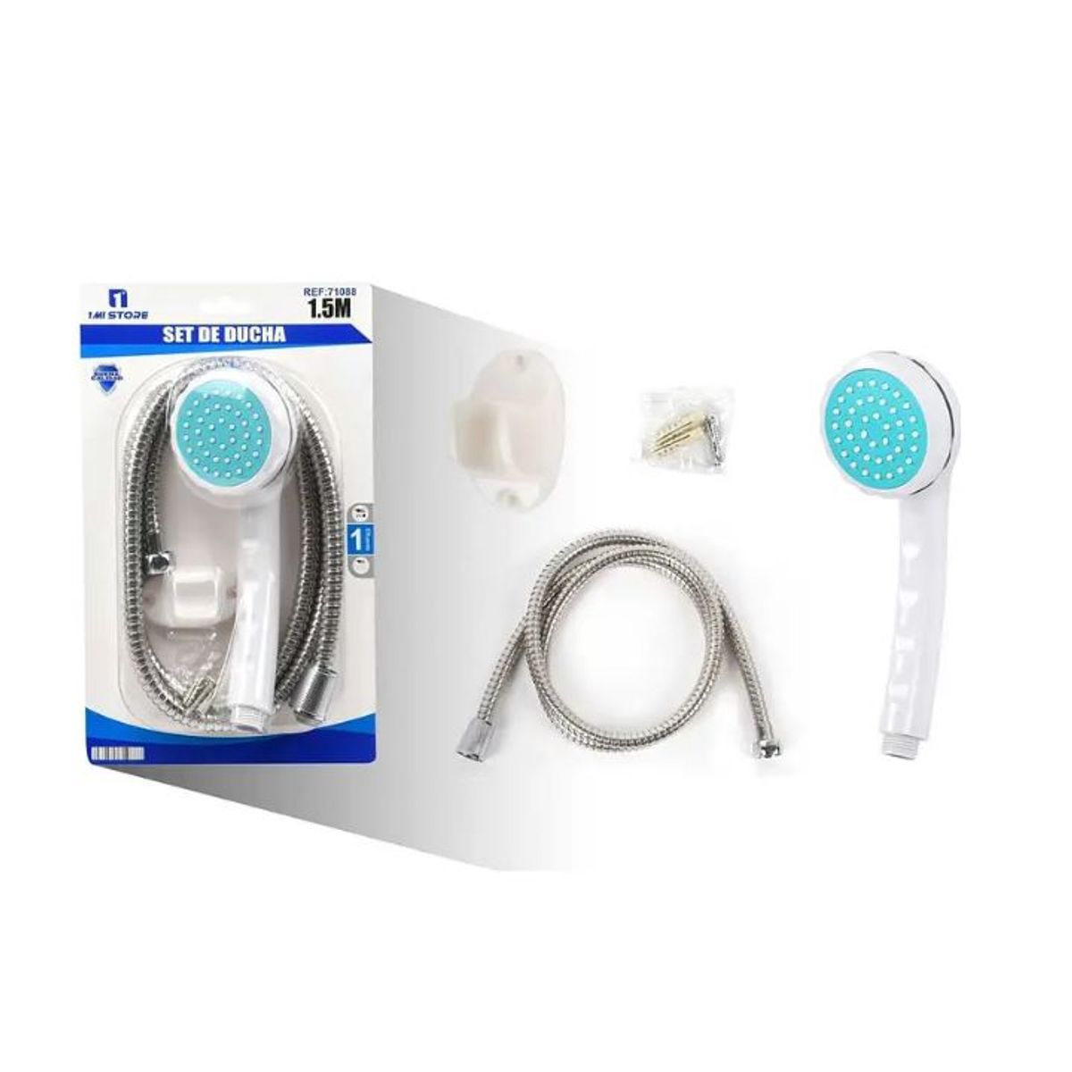 GENERICO - Kit de Ducha de Mano Completo - Estilo Europeo - Cabezal 8 cm x 21 cm - Manguera Inox 1.5m