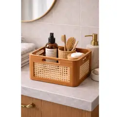 GENERICO - Canasto Organizador Madera Y Ratán Decorativo Multiuso