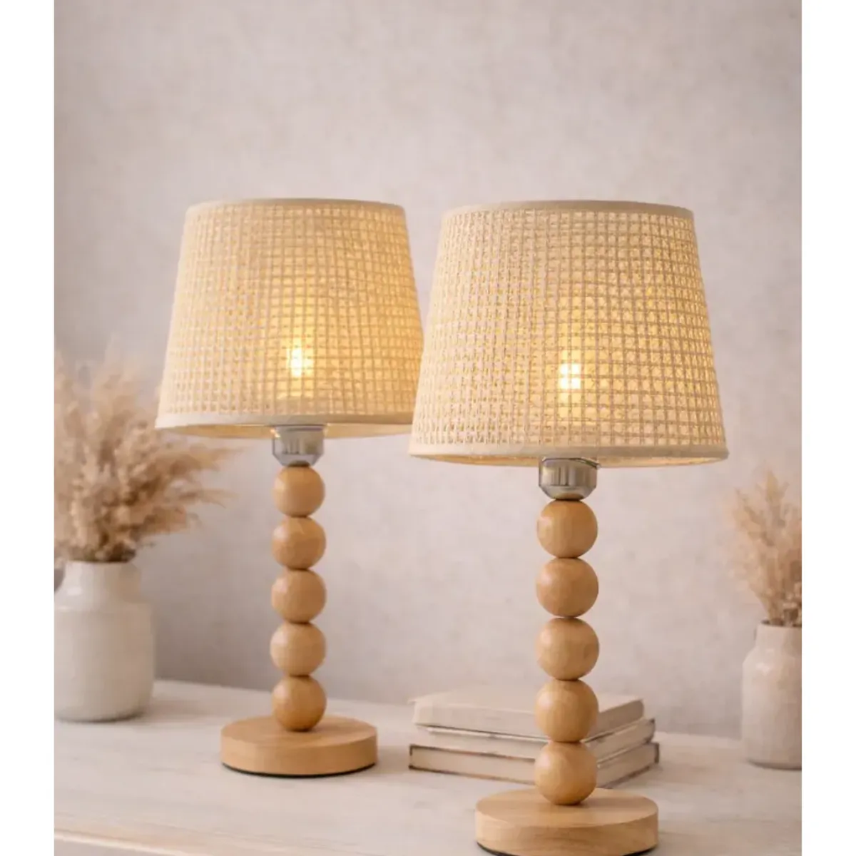 GENERICO - Lámpara De Mesa Boho Madera Y Ratán Luz Cálida Decorativa