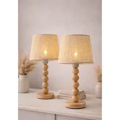 GENERICO - Lámpara De Mesa Boho Madera Y Ratán Luz Cálida Decorativa