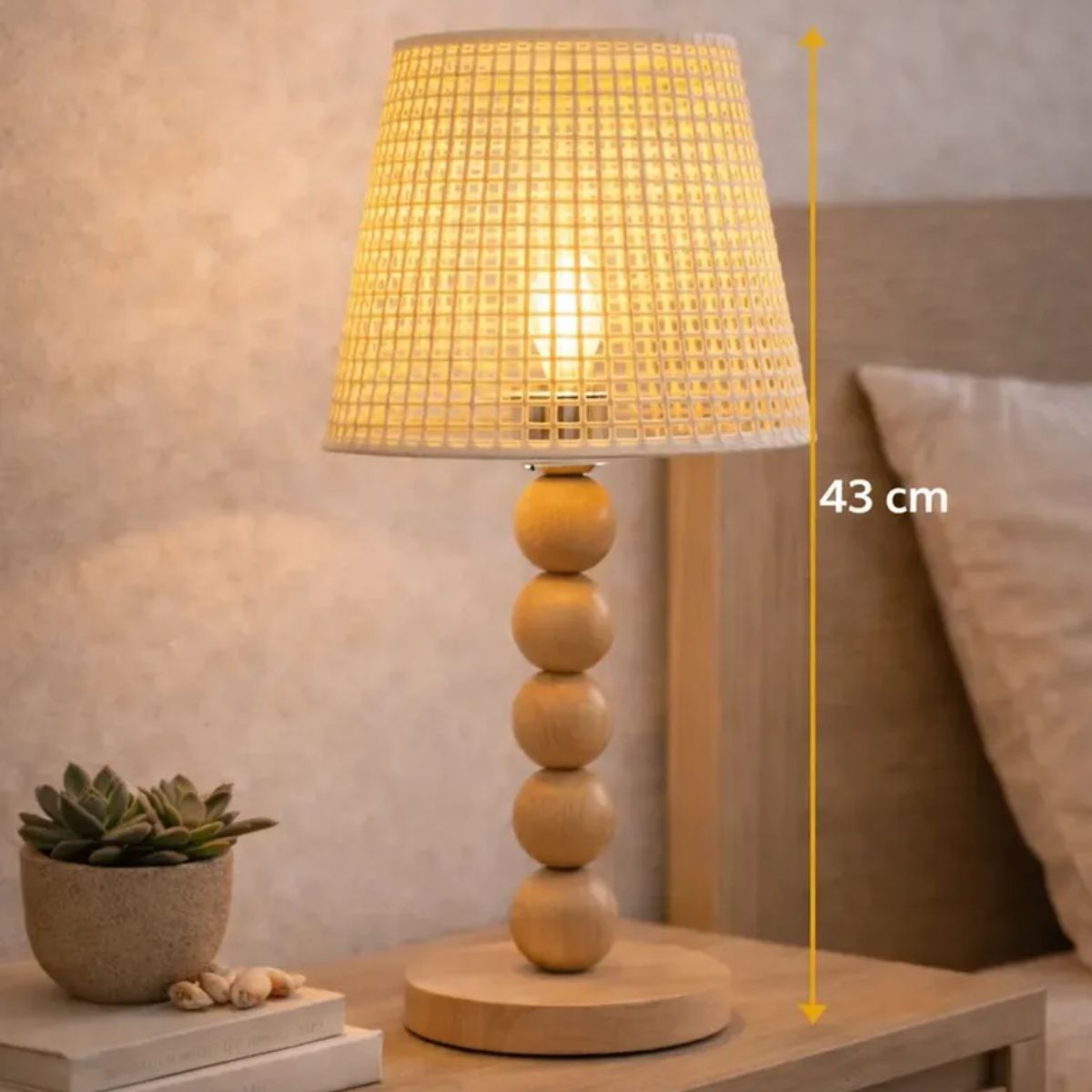 GENERICO - Lámpara De Mesa Boho Madera Y Ratán Luz Cálida Decorativa