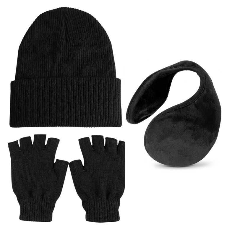 Set Termico Unisex Gorro, Guantes de Lana Sin Dedos y Orejera de Polar Negro TALLA UNICA