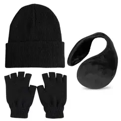 EKOL TACTICA MILITAR - Set Térmico Unisex Gorro, Guantes de Lana Sin Dedos y Orejera de Polar