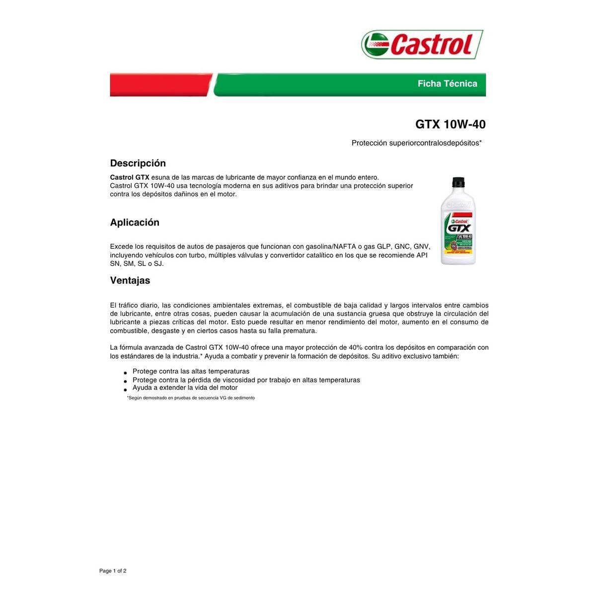 CASTROL - Lubricante Motor 10w40 Castrol GTX 946 Ml.