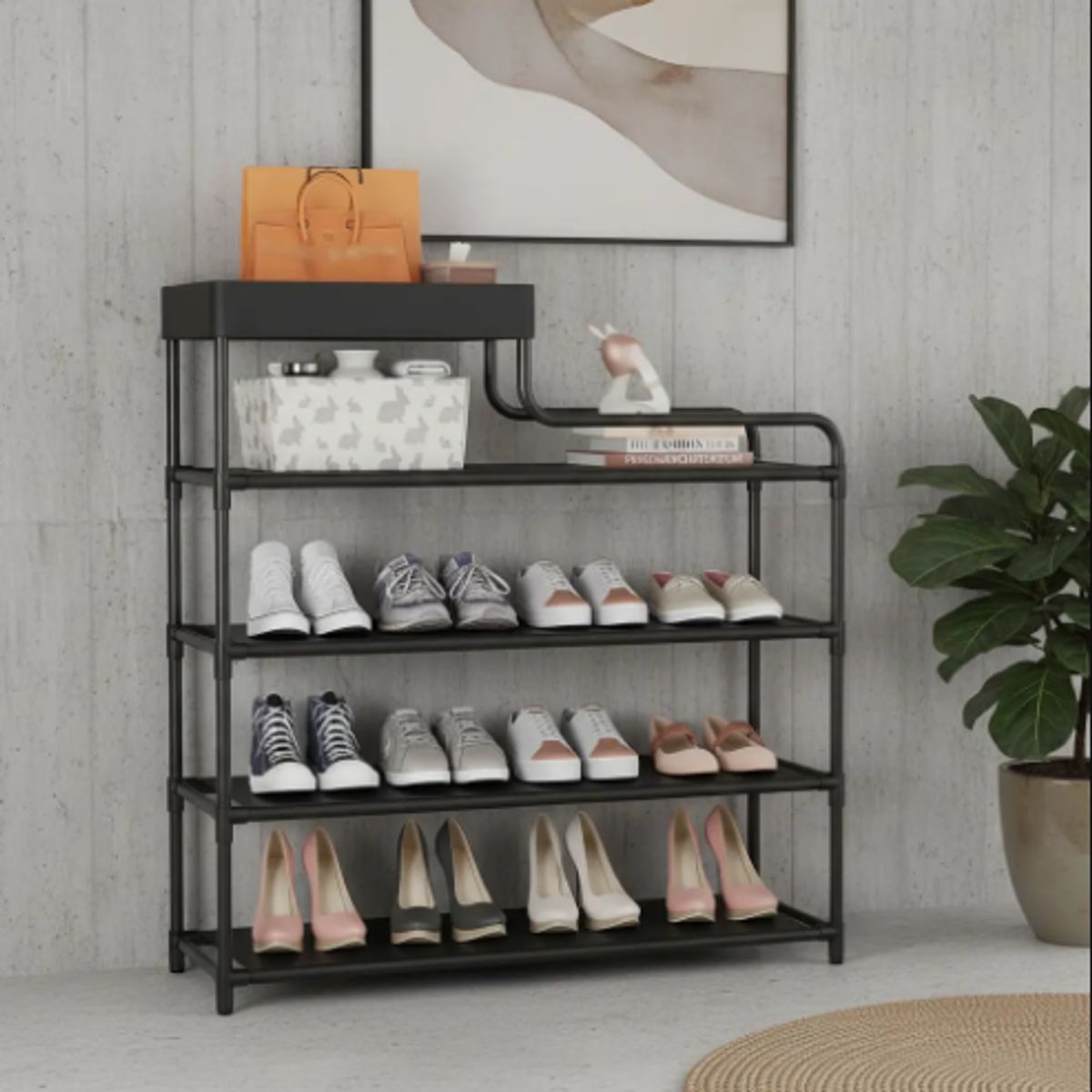 GENERICO - Zapatero Rack 5 Niveles Organizador Hall Multiusos 3 En 1 Color Negro