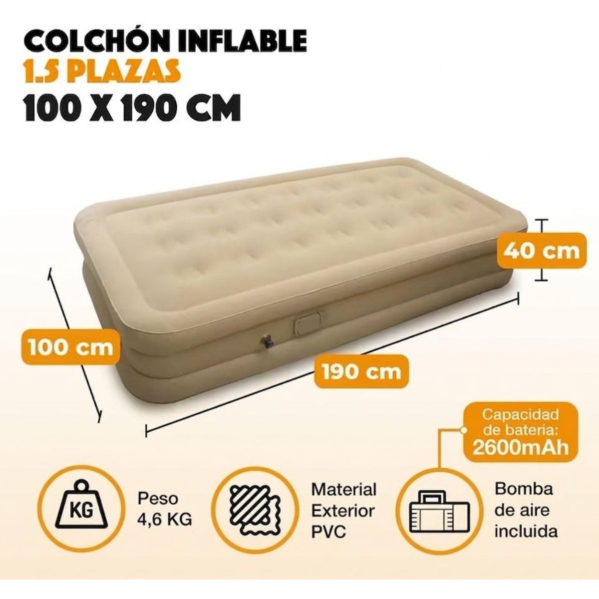 GENERICO - Colchón Inflable Electrico Bomba Portatil De Inflado 190 X 100 Cm Beige