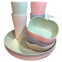 GENERICO - Set Vajilla 12 Piezas Pastel Ecológica Platos + Vasos + Bowls Resistente Hogar