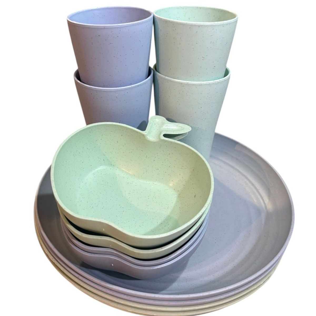 GENERICO - Set Vajilla 12 Piezas Pastel Ecológica Platos + Vasos + Bowls Resistente Hogar verde-celeste