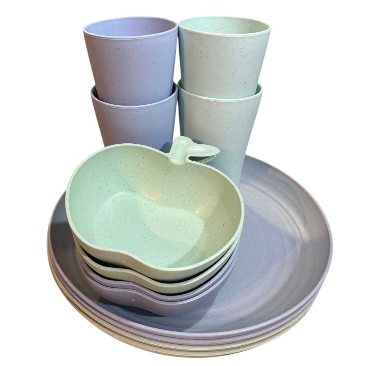 GENERICO - Set Vajilla 12 Piezas Pastel Ecológica Platos + Vasos + Bowls Resistente Hogar verde-celeste