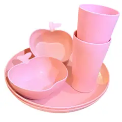 GENERICO - Set Vajilla 6 Piezas Pastel Ecológica Platos + Vasos + Bowls Resistente Hogar rosa