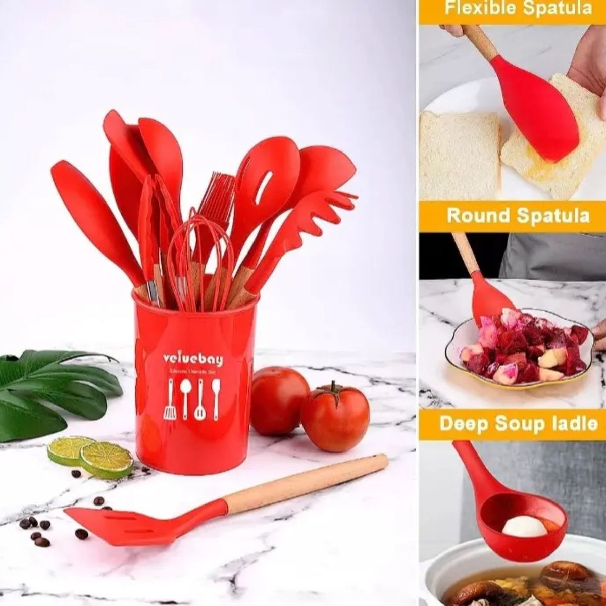 GENERICO - Set Utensilios Cocina Juego De 12 Piezas En Silicona Rojo