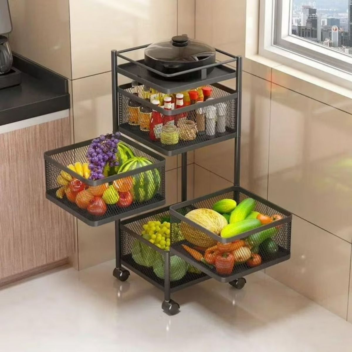 GENERICO - Organizador De Cocina Metálico 3 Niveles Giratorio Con Rueda