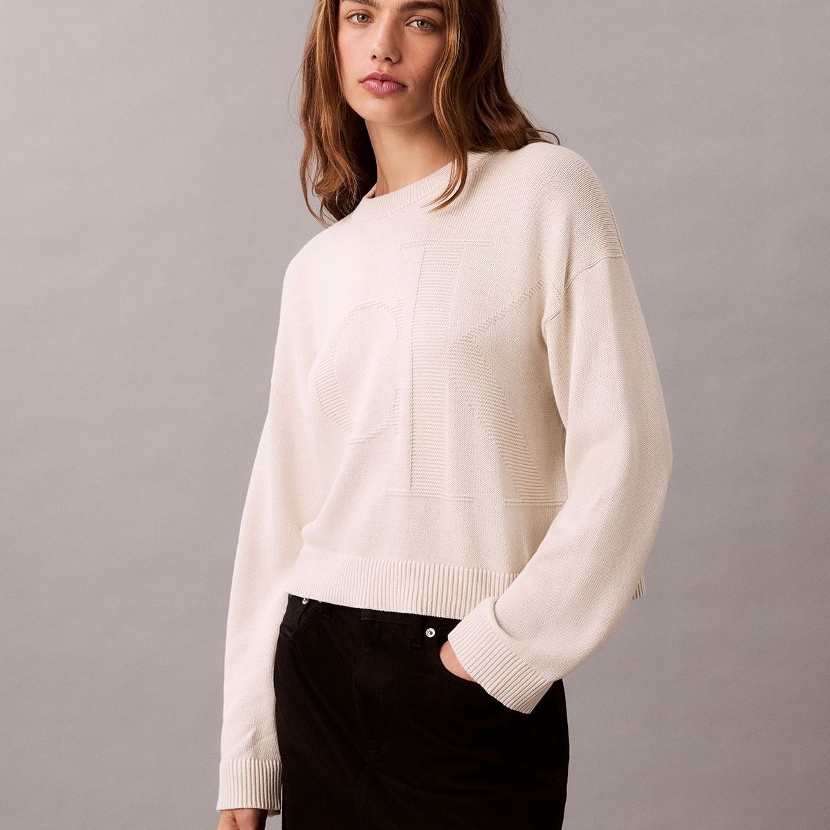 CALVIN KLEIN - Sweater de Algodón Suave con Logo Beige Calvin Klein