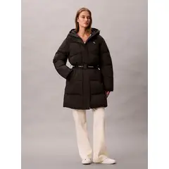 CALVIN KLEIN - Parka Puffer Larga con Gorro y Cinturón Negro