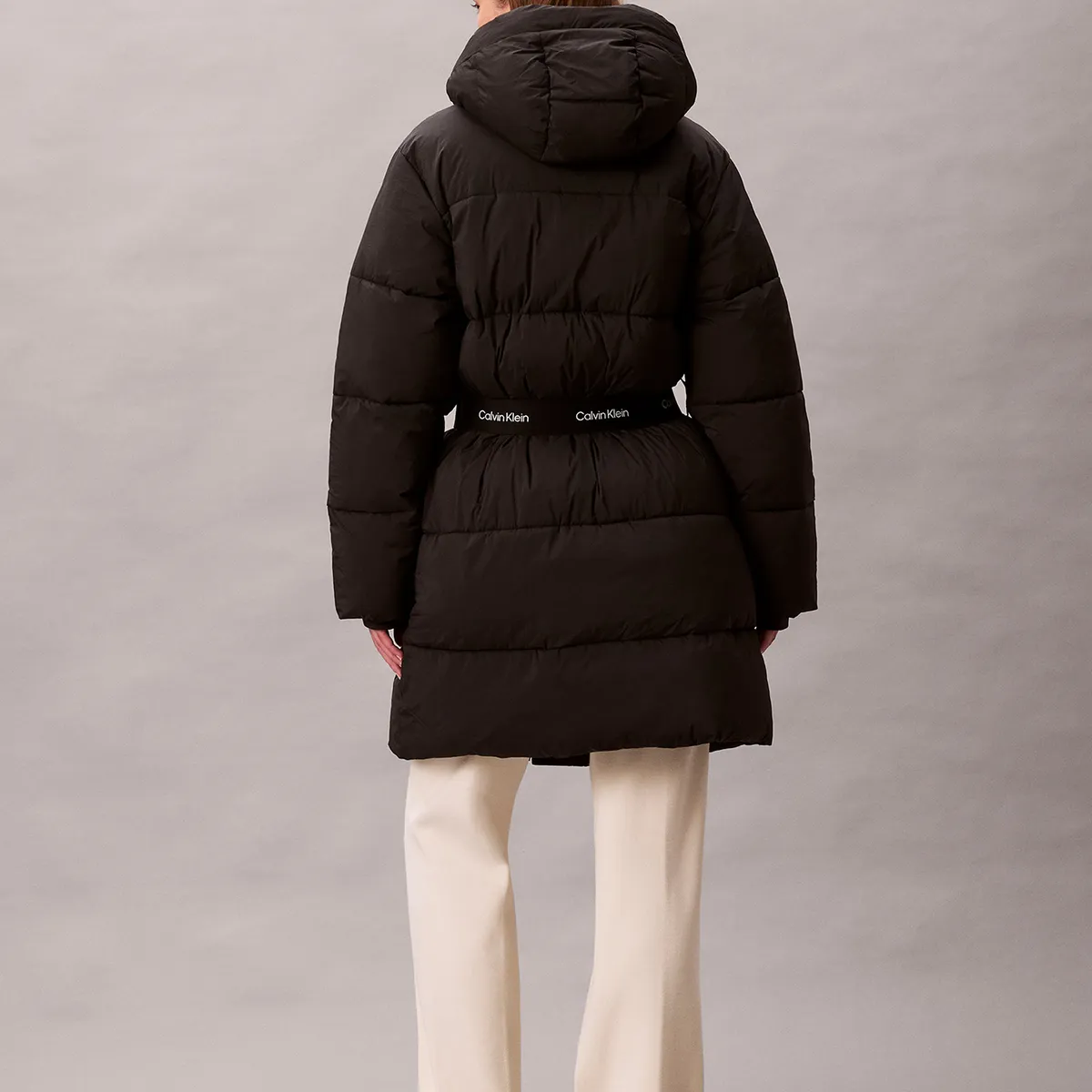 CALVIN KLEIN - Parka Puffer Larga con Gorro y Cinturón Negro Calvin Klein