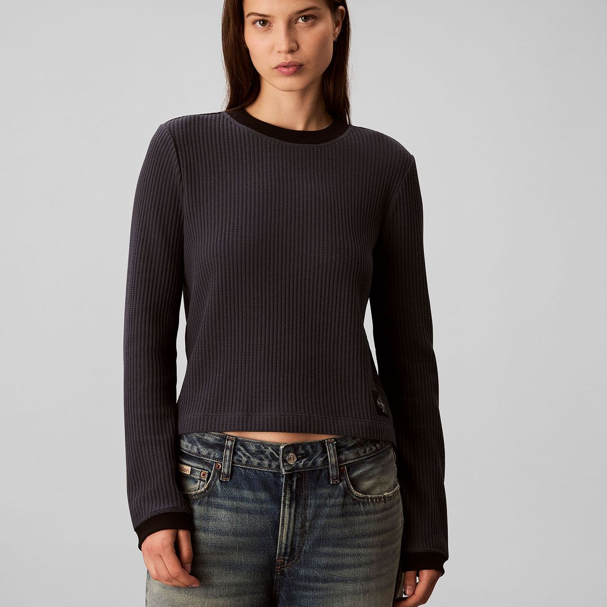 CALVIN KLEIN - Polera Manga Larga con Tejido Acanalado Azul Calvin Klein