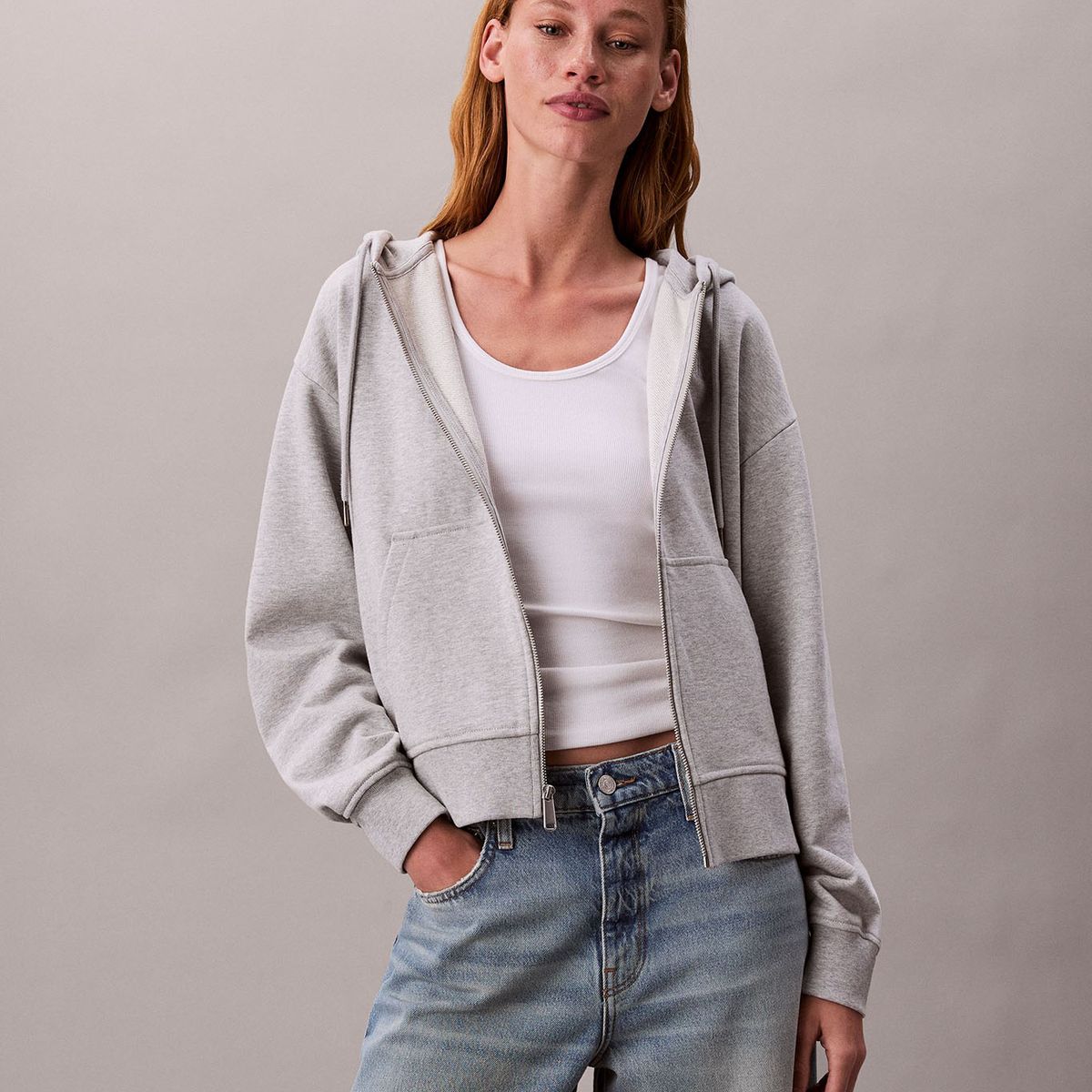 CALVIN KLEIN - Polerón con Gorro y Cierre de Cremallera Gris Calvin Klein