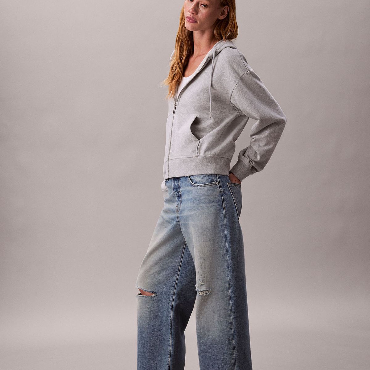 CALVIN KLEIN - Polerón con Gorro y Cierre de Cremallera Gris Calvin Klein