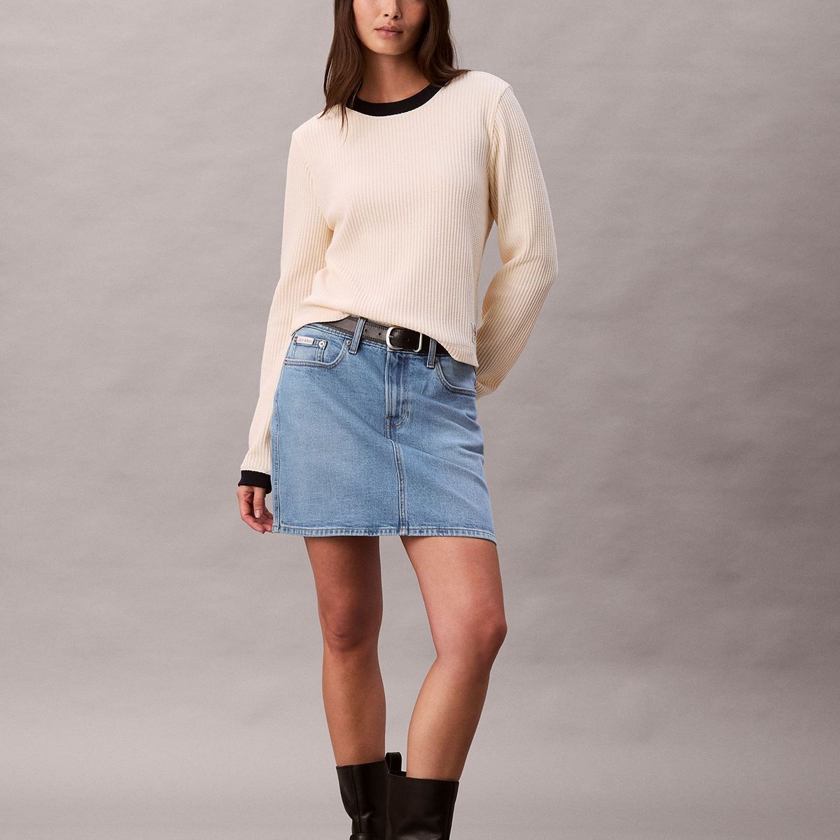 CALVIN KLEIN - Polera Manga Larga con Tejido Acanalado Beige Calvin Klein