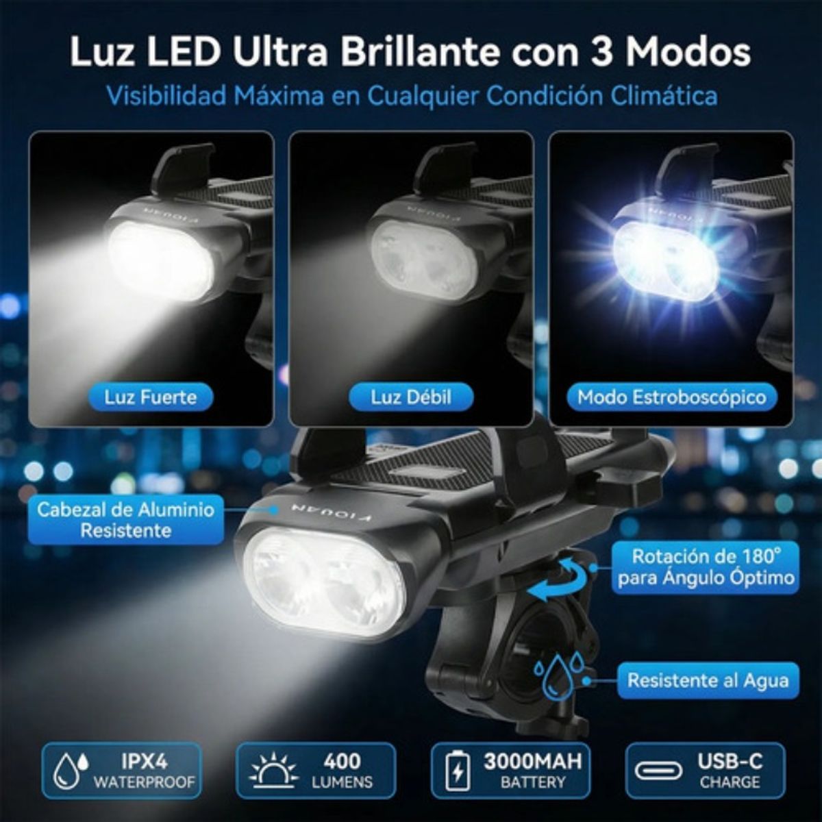 VERCI - Luz Bocina Bicicleta Con Power Bank Y Soporte Celular Usb