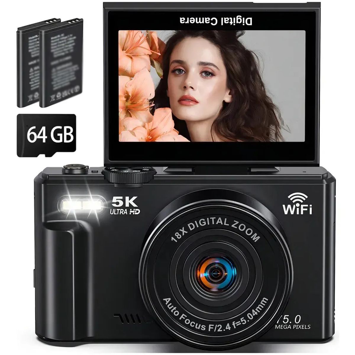 KUANGYE - Cámara Digital 5k 75mp Wifi Con Pantalla Lcd Giratoria 64gb