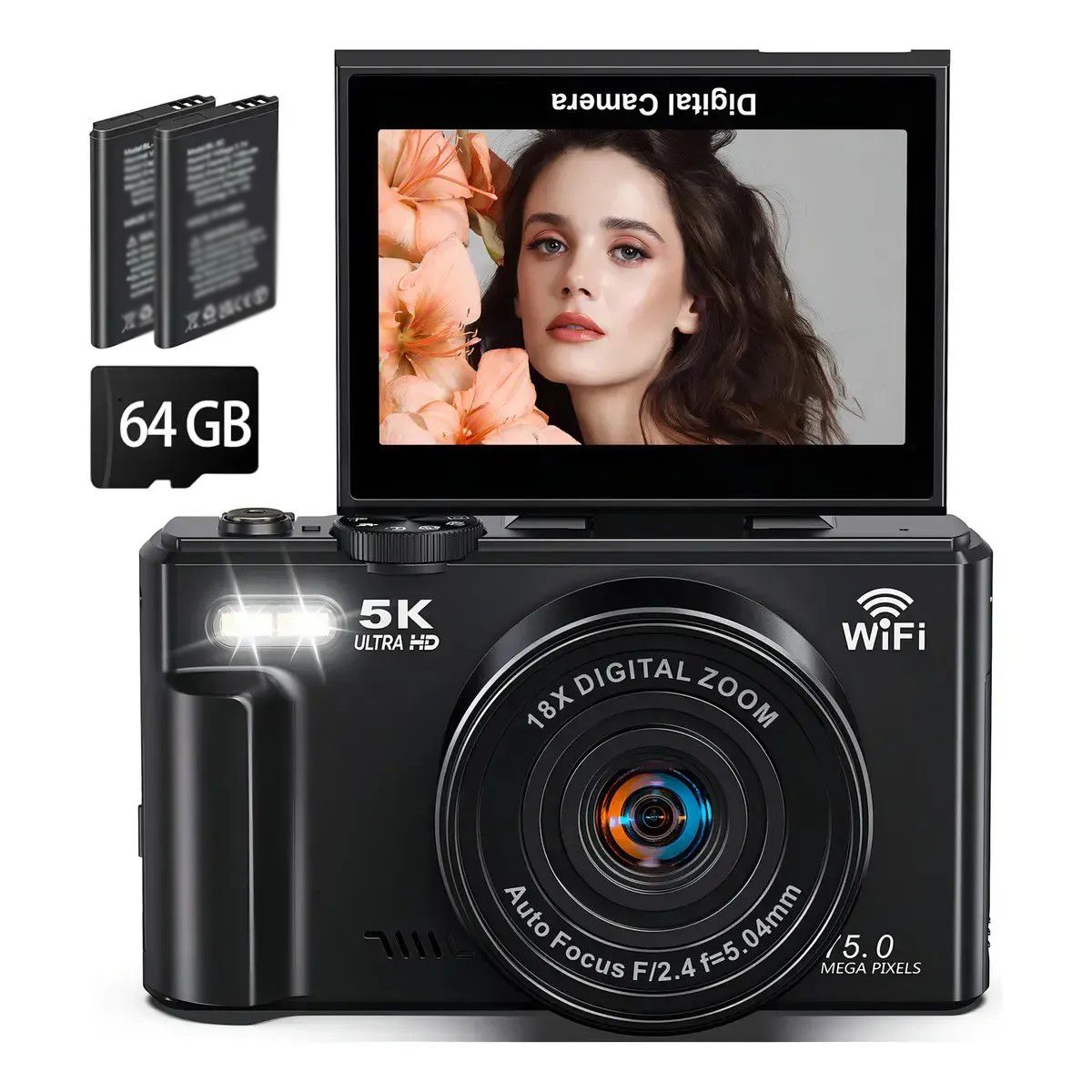 KUANGYE - Cámara Digital 5k 75mp Wifi Con Pantalla Lcd Giratoria 64gb