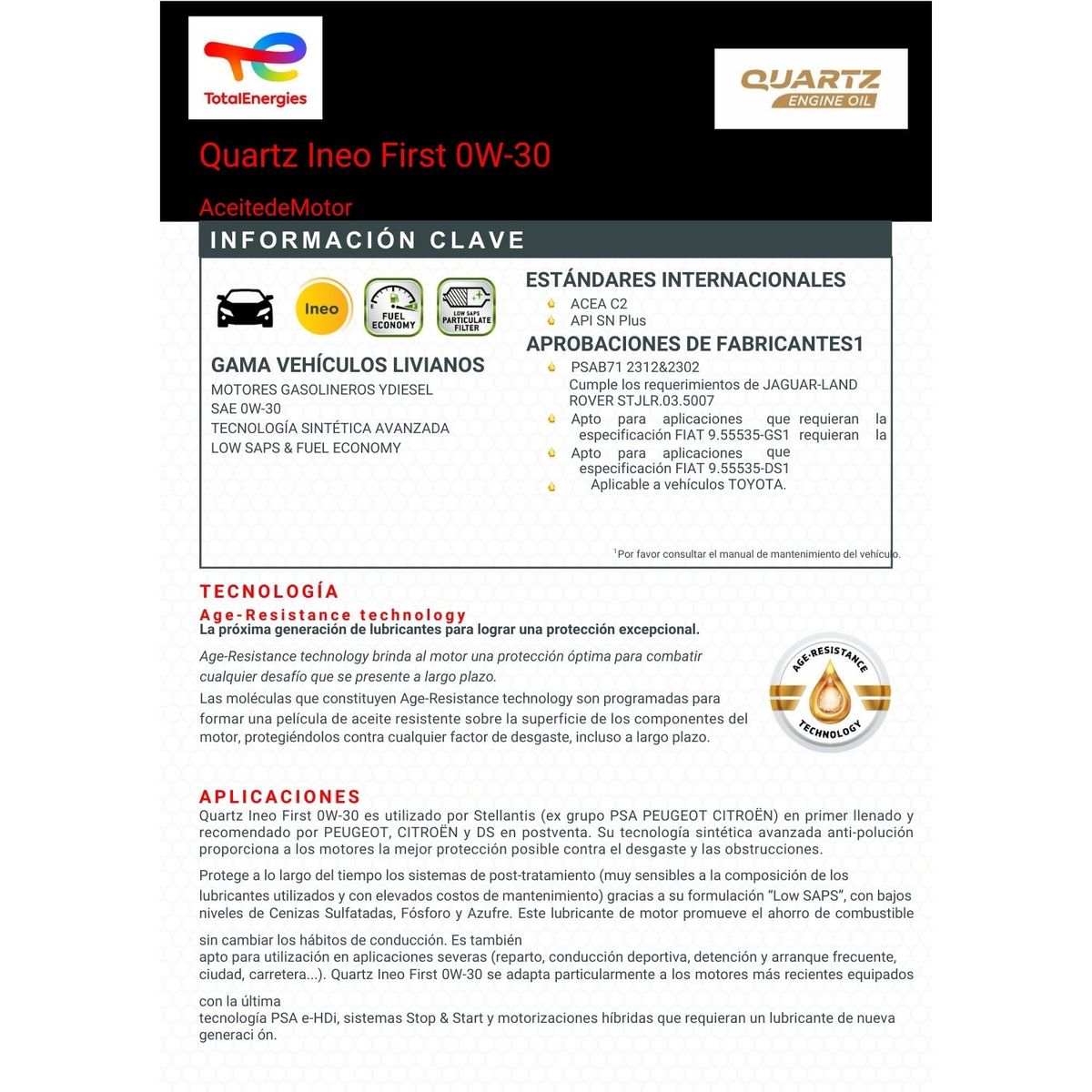 TOTAL - Lubricante Motor 0w30 Total Quartz Ineo Acea C1