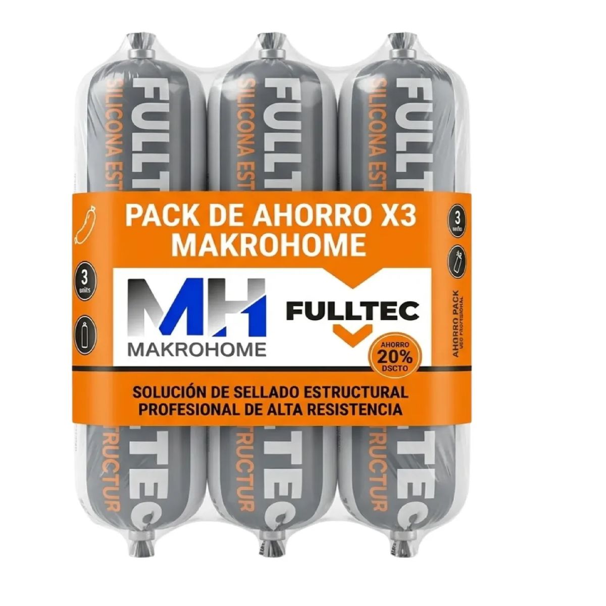 FULLTEC - Pack 3 Sellador Poliuretano Estructural Fulltec 600ml Negro