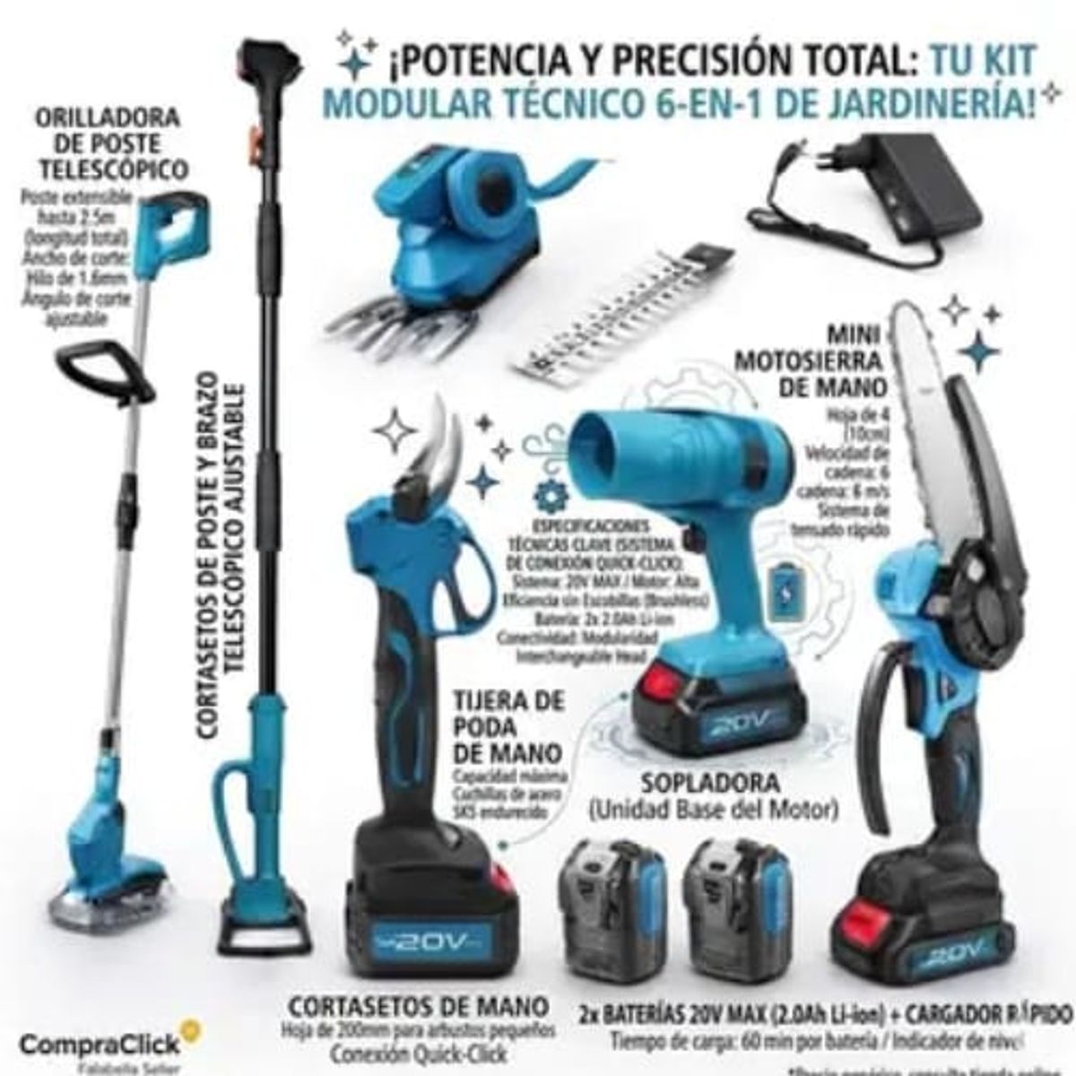 MOVI - Kit Jardinería Inalámbrico 6 en 1 + 2 Baterías 600W: Orilladora, Motosierra y Podador