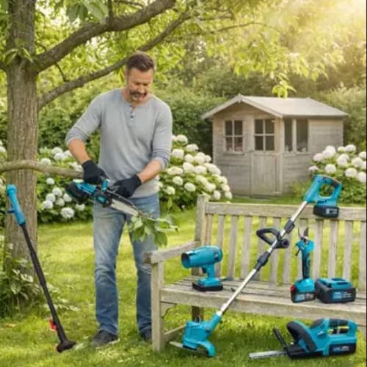 MOVI - Kit Jardinería Inalámbrico 6 en 1 + 2 Baterías 600W: Orilladora, Motosierra y Podador