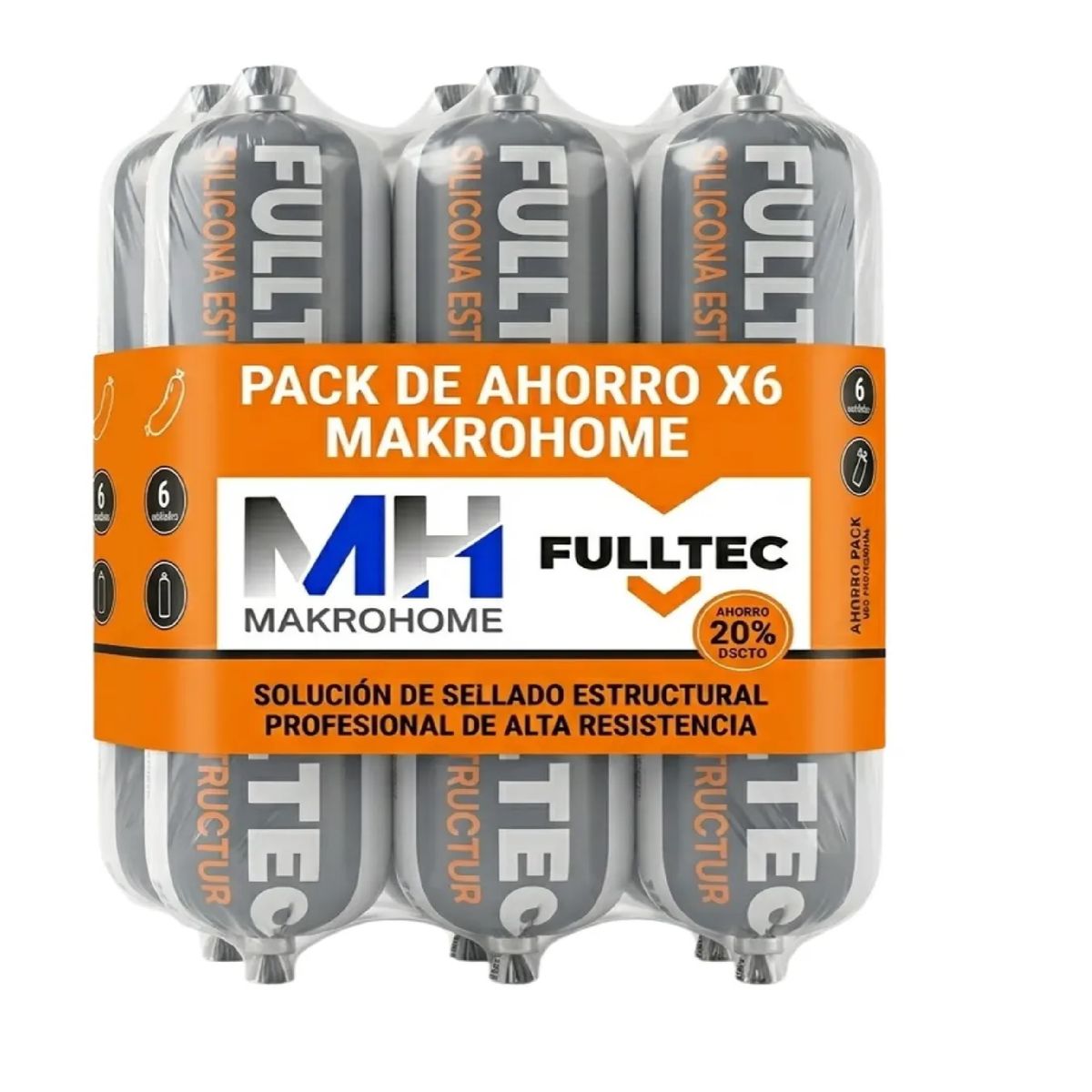 FULLTEC - Pack 6 Sellador Poliuretano Estructural Fulltec 600ml Negro