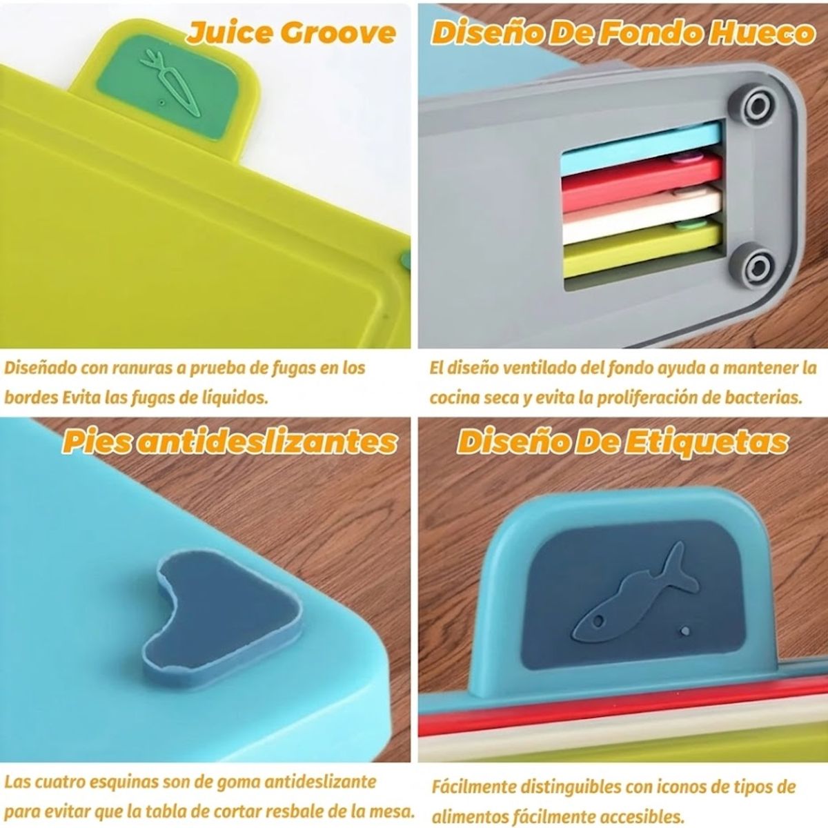 GENERICO - Tablas para Picar Utensilio Cocina con Base Colores 4 Piezas