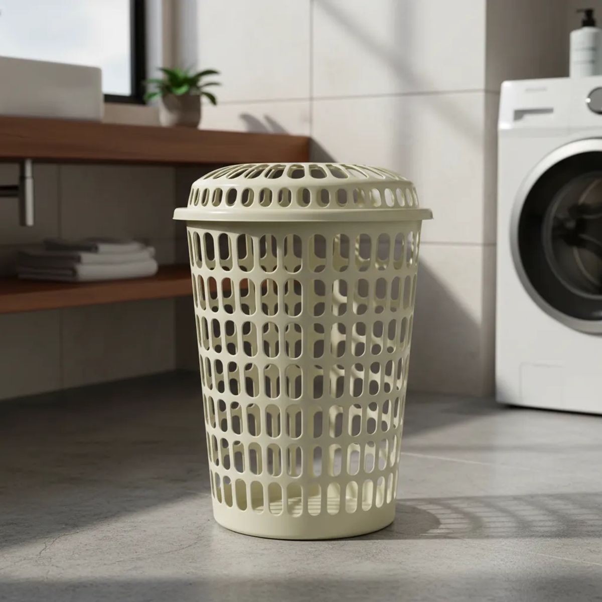 GENERICO - Canasto De Ropa Sucia Plástico Calado Redondo Con Tapa 52cm