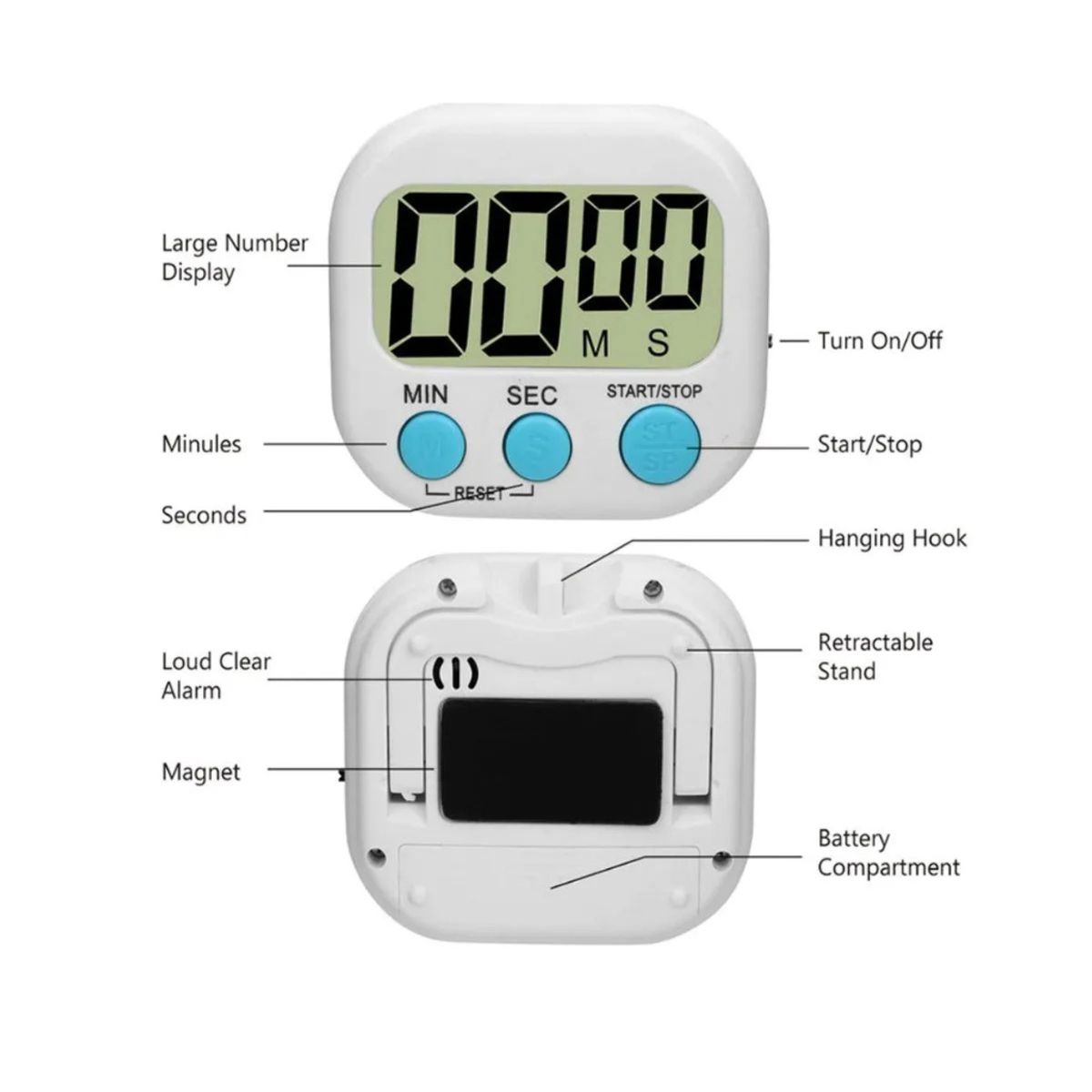 GENERICO - Timer Digital de Cocina Reloj Temporizador color Blanco