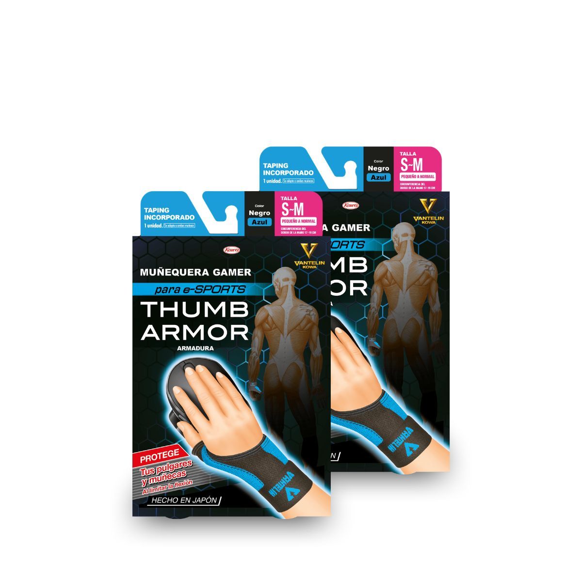 VANTELIN - Pack Doble Thumb Armor Muñequera Para Gamers Talla S-M Neon Blue