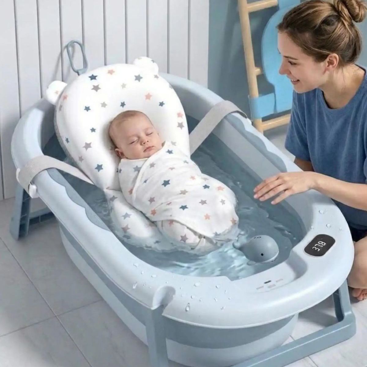 GENERICO - Bañera Plegable Azul Ergonómica para Bebé con Cojín de Seguridad y Termómetro Digital