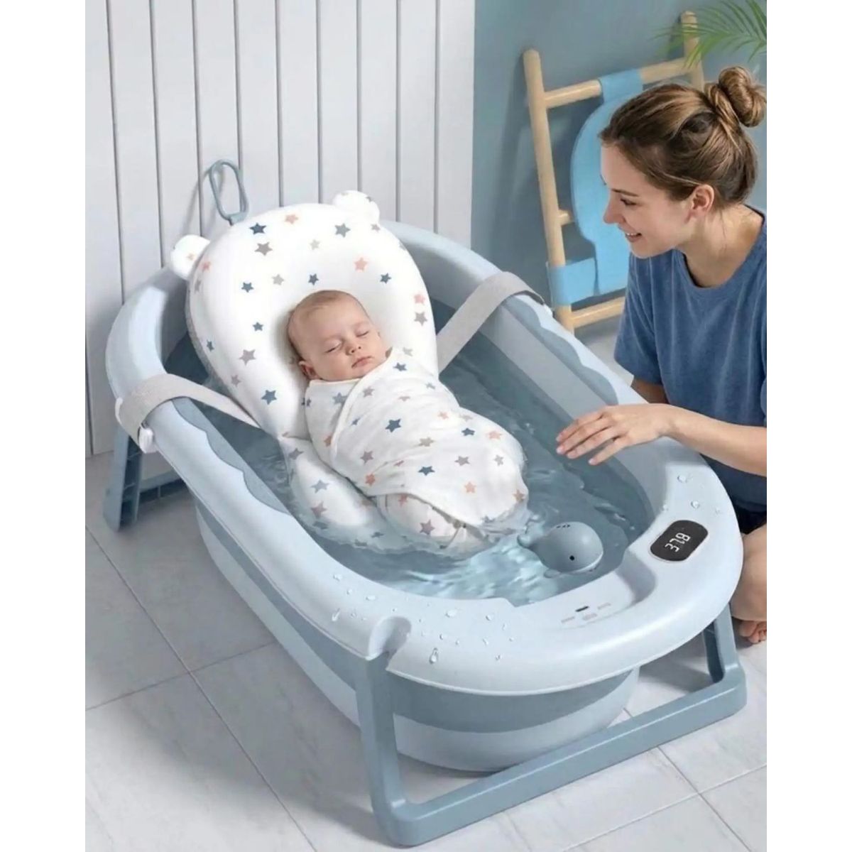 GENERICO - Bañera Plegable Azul Ergonómica para Bebé con Cojín de Seguridad y Termómetro Digital