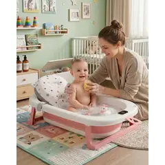 GENERICO - Bañera Plegable Rosada para Bebé con Termómetro Digital y Cojín de Soporte Estrellas