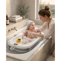 GENERICO - Bañera Plegable Gris para Bebé con Termómetro Digital y Cojín de Soporte Estrellas