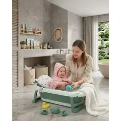 GENERICO - Bañera Plegable Verde Ergonómica para Bebé con Cojín de Seguridad y Termómetro Digital