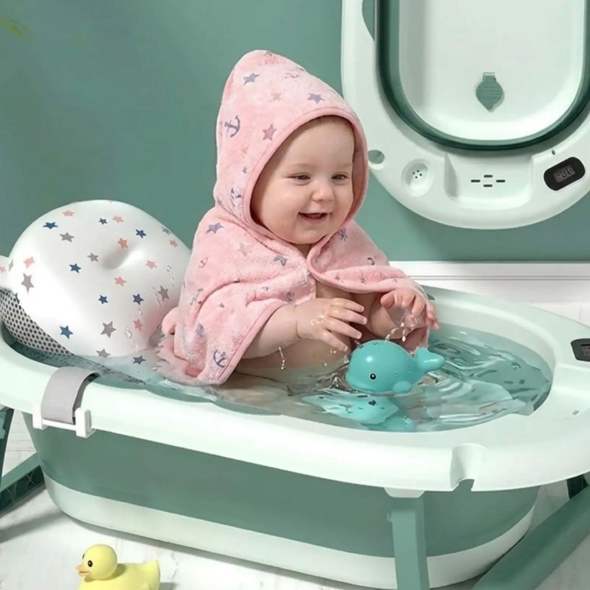 GENERICO - Bañera Plegable Verde Ergonómica para Bebé con Cojín de Seguridad y Termómetro Digital