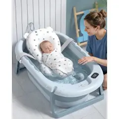 GENERICO - Bañera Plegable Azul Ergonómica para Bebé con Cojín de Seguridad y Termómetro Digital