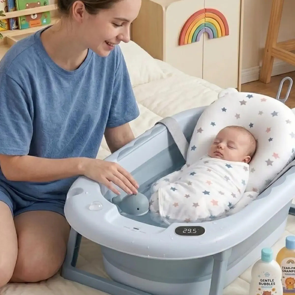 GENERICO - Bañera Plegable Azul Ergonómica para Bebé con Cojín de Seguridad y Termómetro Digital
