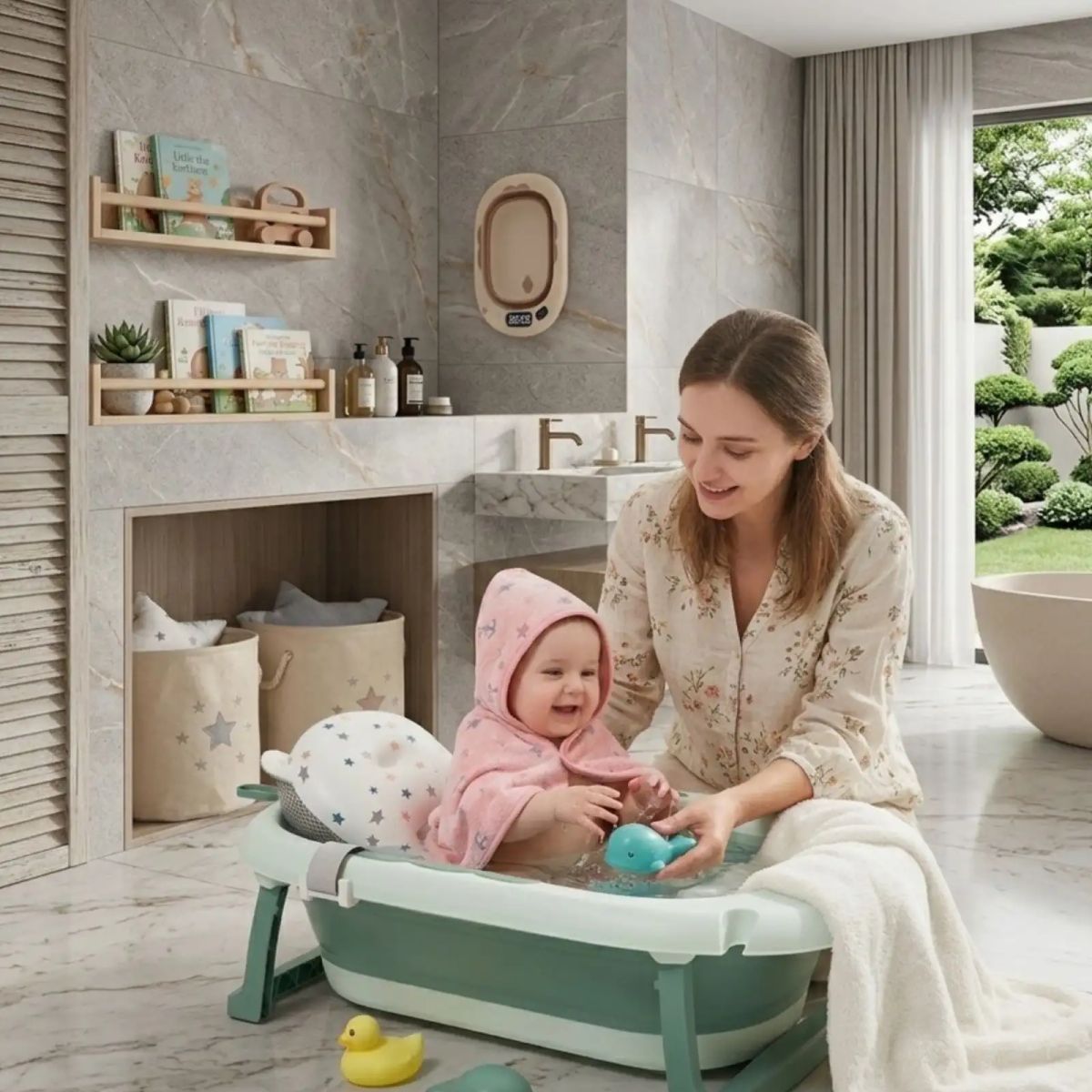 GENERICO - Bañera Plegable Verde Ergonómica para Bebé con Cojín de Seguridad y Termómetro Digital