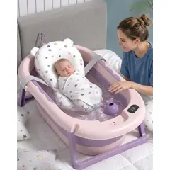 GENERICO - Bañera Plegable Lila Ergonómica para Bebé con Cojín de Seguridad y Termómetro Digital