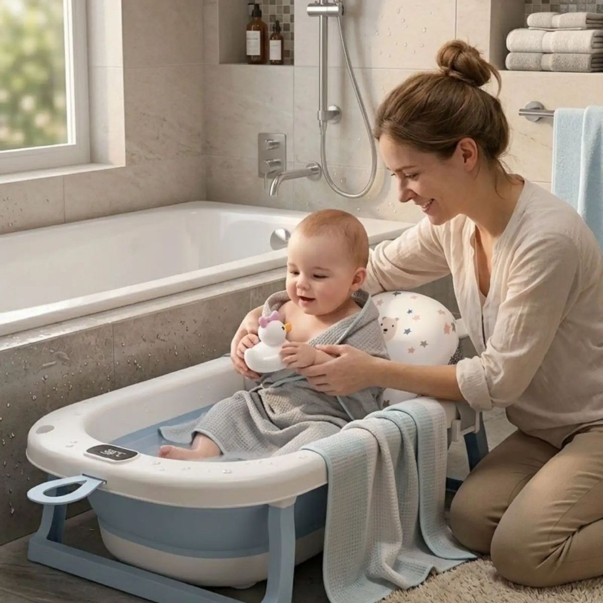 GENERICO - Bañera Plegable Azul para Bebé con Termómetro Digital y Cojín de Soporte Estrellas