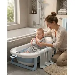 GENERICO - Bañera Plegable Azul para Bebé con Termómetro Digital y Cojín de Soporte Estrellas